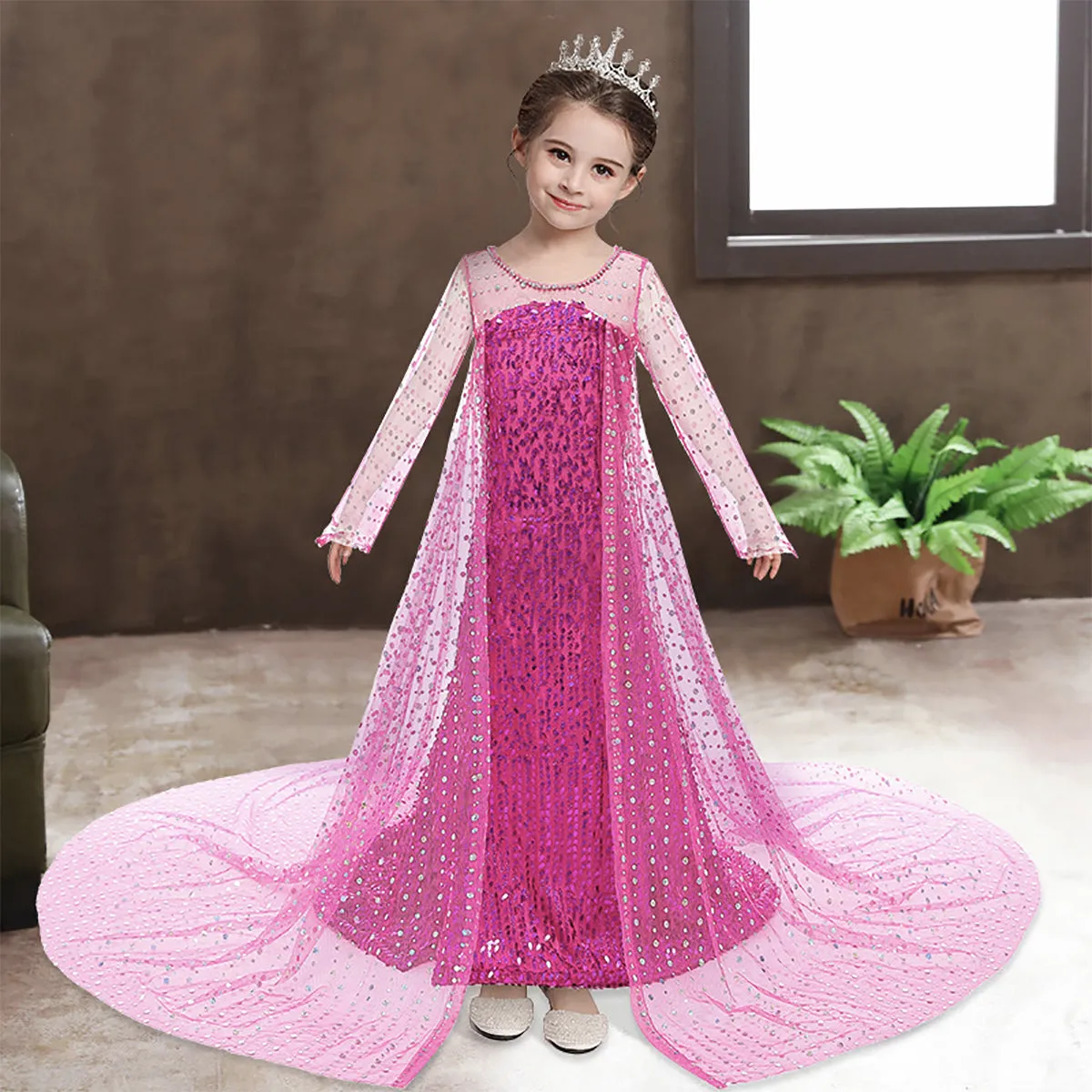 Fancydresswale Elsa Princess Birthday Party Dress for Little Girls with Crown,Wand,Gloves Accessories 3-12 Years, Rose Red