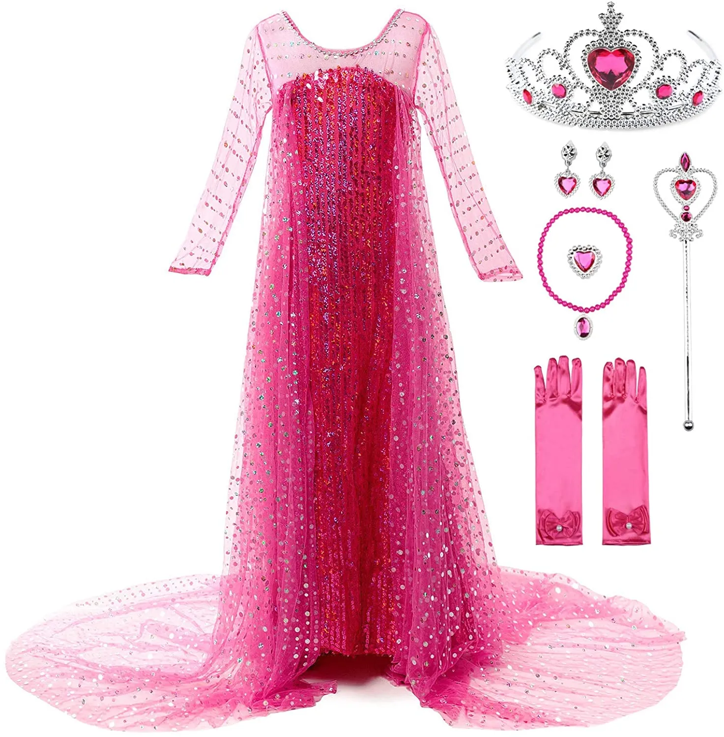 Fancydresswale Elsa Princess Birthday Party Dress for Little Girls with Crown,Wand,Gloves Accessories 3-12 Years, Rose Red
