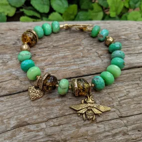 Forest Green Chrysoprase & Baltic Amber Bee Bracelet