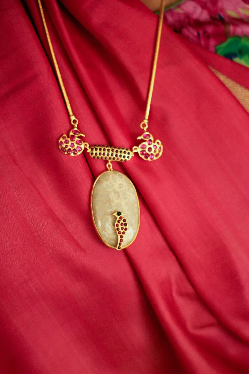 Hamsa Meenakshi Parrot on Fossil Coral Gemstone Necklace (Gold-plated)
