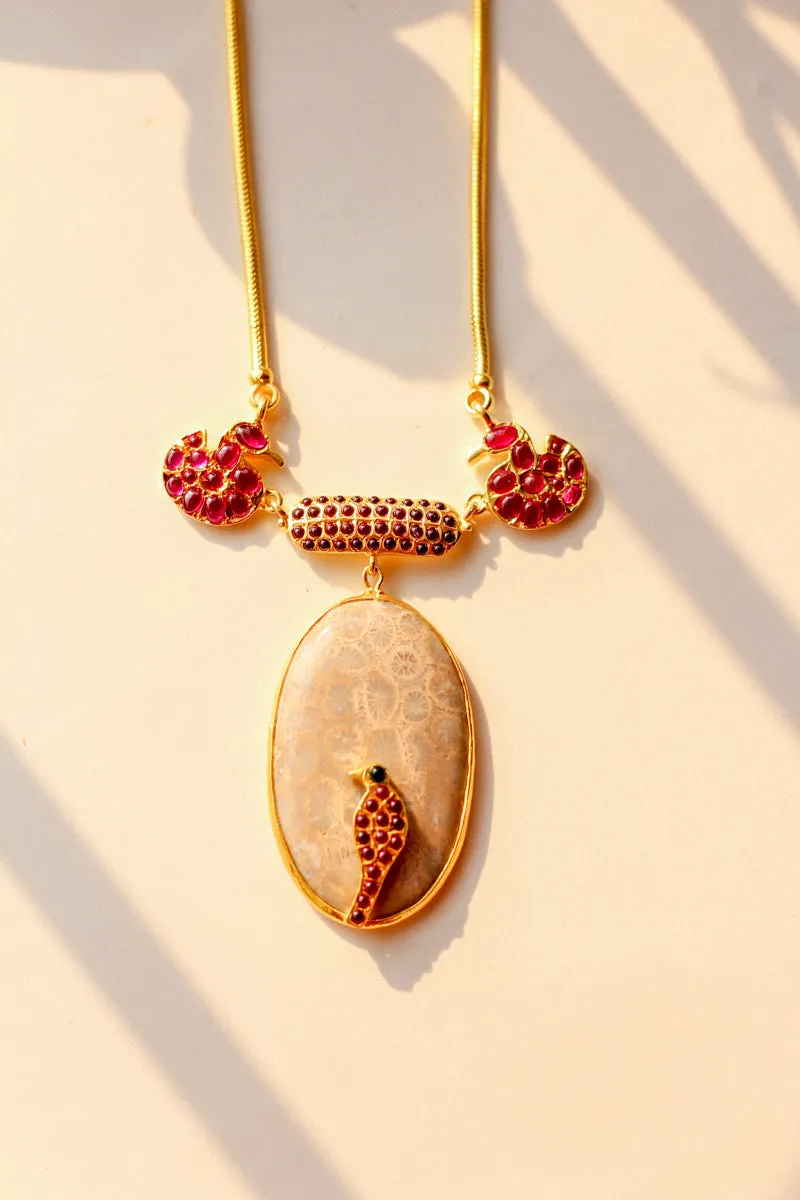 Hamsa Meenakshi Parrot on Fossil Coral Gemstone Necklace (Gold-plated)