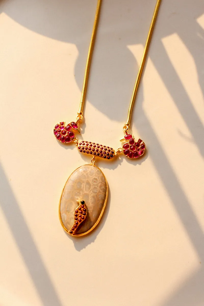 Hamsa Meenakshi Parrot on Fossil Coral Gemstone Necklace (Gold-plated)