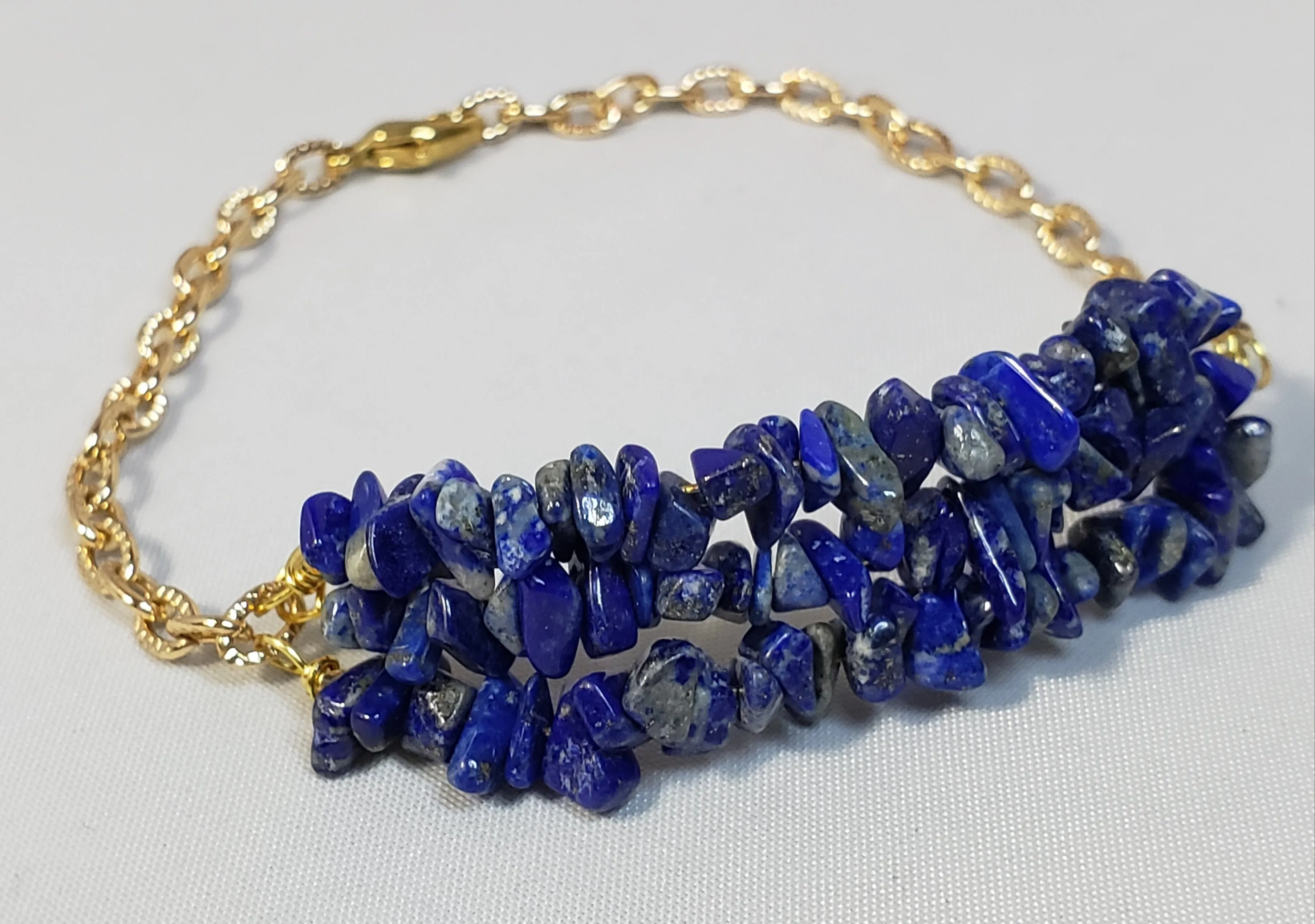Hand Crafted All Natural, Triple Strand Lapis Lazuli Gemstone & Gold Tone Chain. Non Tarnish & Fully Adjustable to 7.5" with Lobster Claw Clasp
