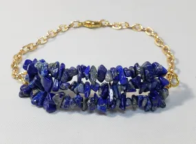 Hand Crafted All Natural, Triple Strand Lapis Lazuli Gemstone & Gold Tone Chain. Non Tarnish & Fully Adjustable to 7.5" with Lobster Claw Clasp