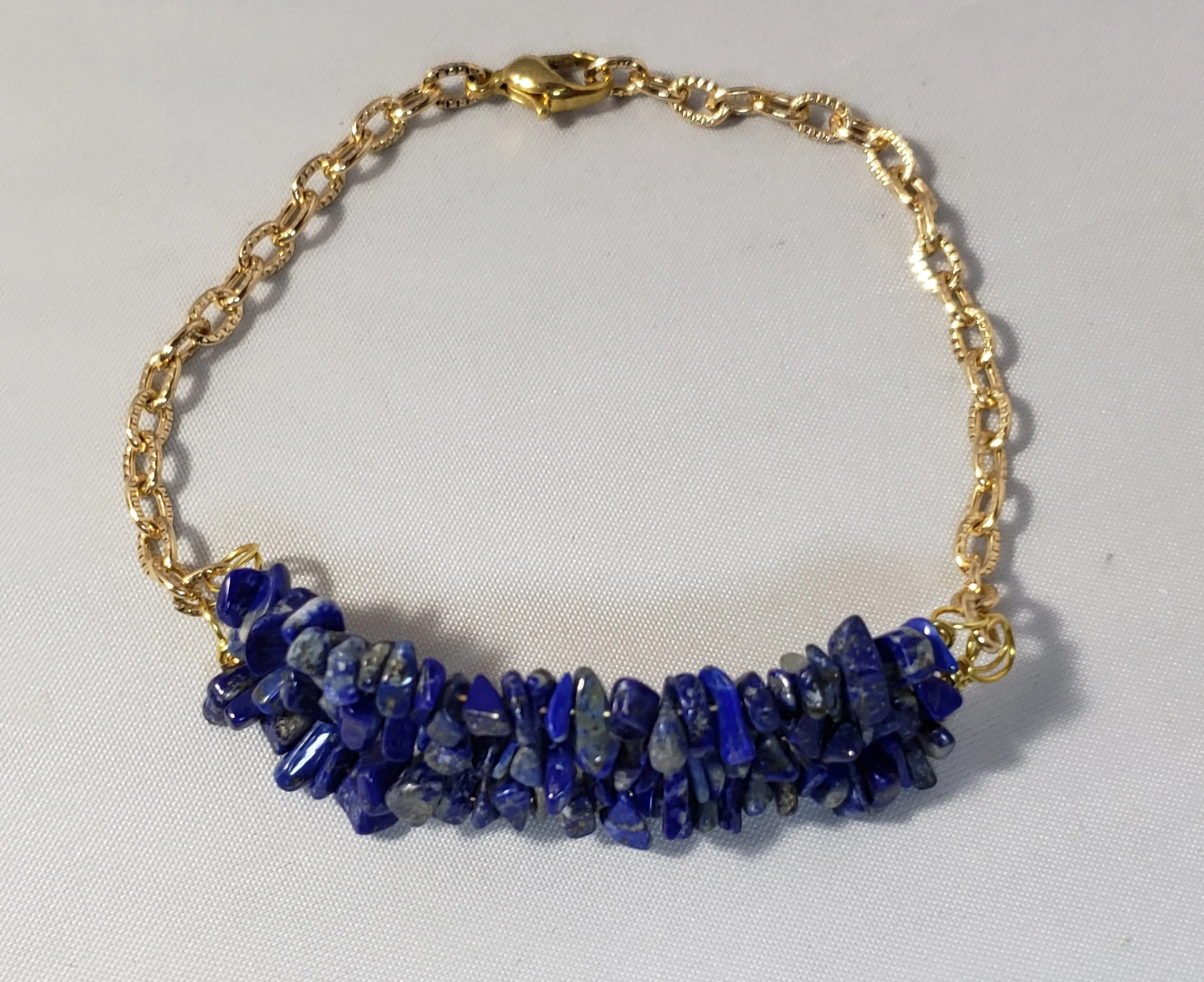 Hand Crafted All Natural, Triple Strand Lapis Lazuli Gemstone & Gold Tone Chain. Non Tarnish & Fully Adjustable to 7.5" with Lobster Claw Clasp