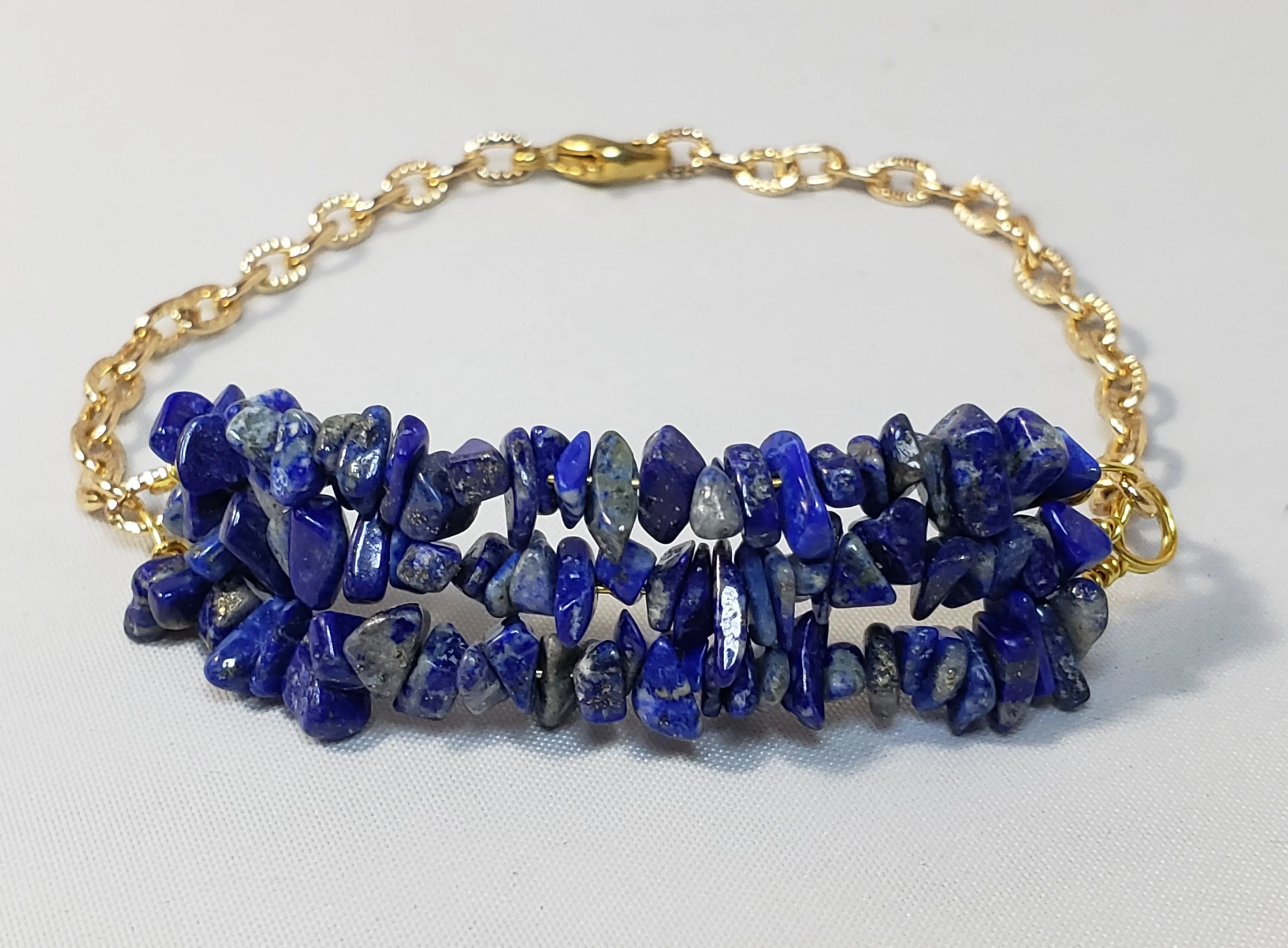 Hand Crafted All Natural, Triple Strand Lapis Lazuli Gemstone & Gold Tone Chain. Non Tarnish & Fully Adjustable to 7.5" with Lobster Claw Clasp