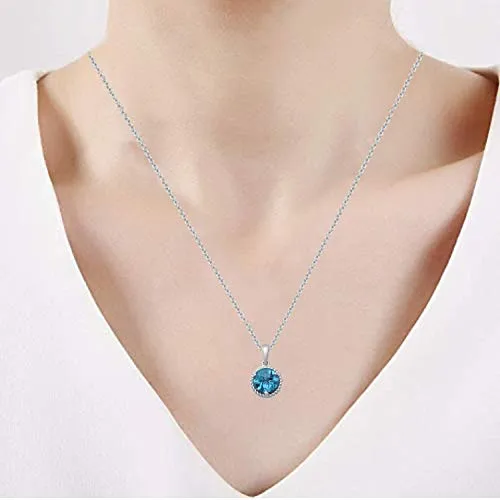Jewelili Sterling Silver with 7mm Round Swiss Blue Topaz Solitaire Pendant Necklaces, 18" Cable Chain