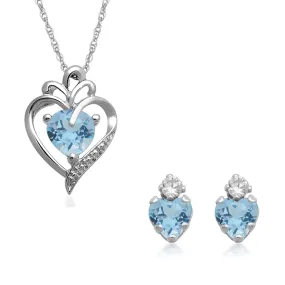 Jewelili Sterling Silver With Swiss Blue Topaz and Cubic Zirconia Earrings Pendant Necklace Jewelry Set