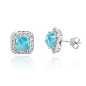 Larimar  Stud Earrings with 32 Round Shape White Topaz Stones