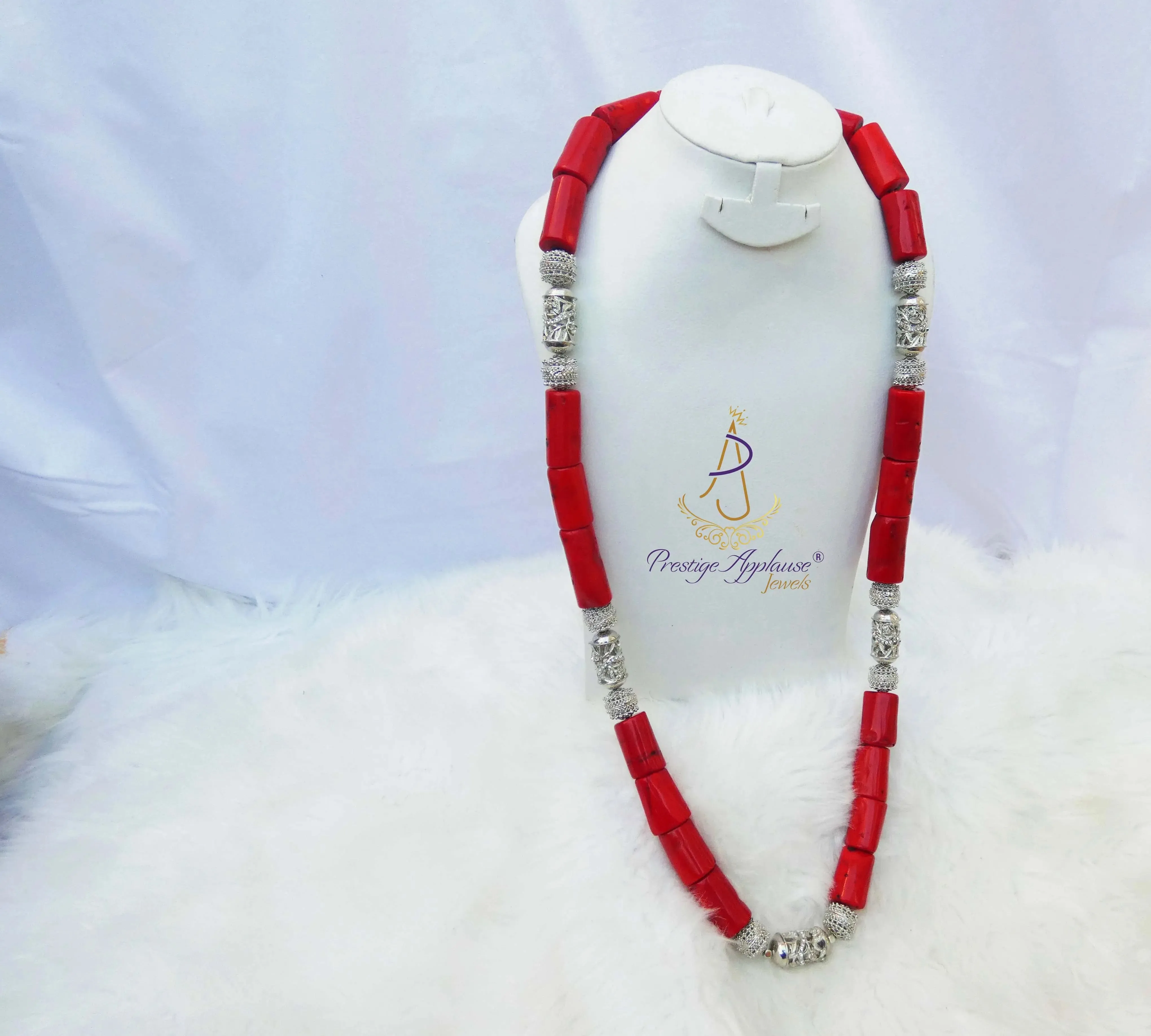 Latest Design Red Authentic Traditional Coral Beads with Silver Plated Necklace Jewellery Set