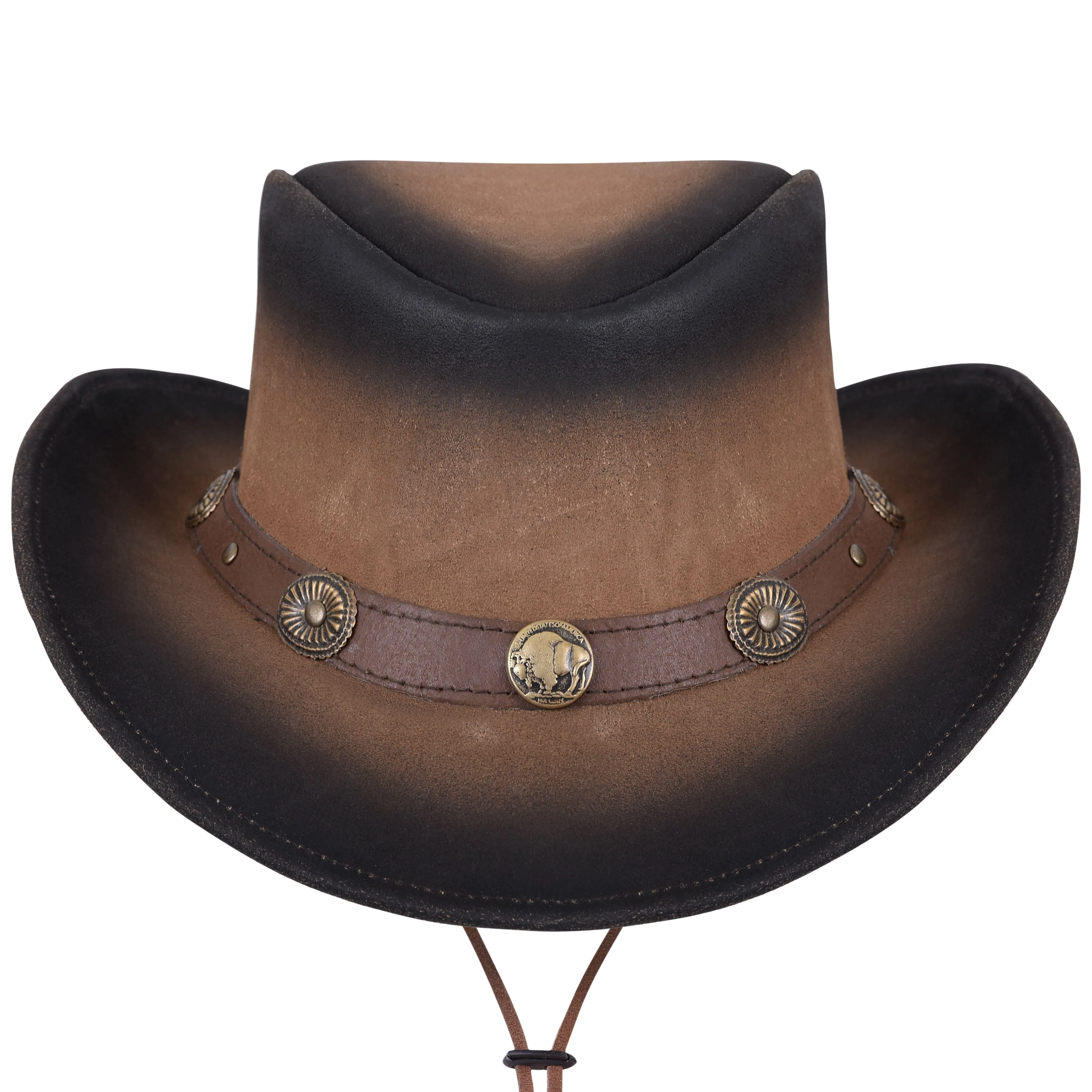 Leather Wester Hat Dual Tone Large Brim Genuine Leather With Buffalo Nickel Band