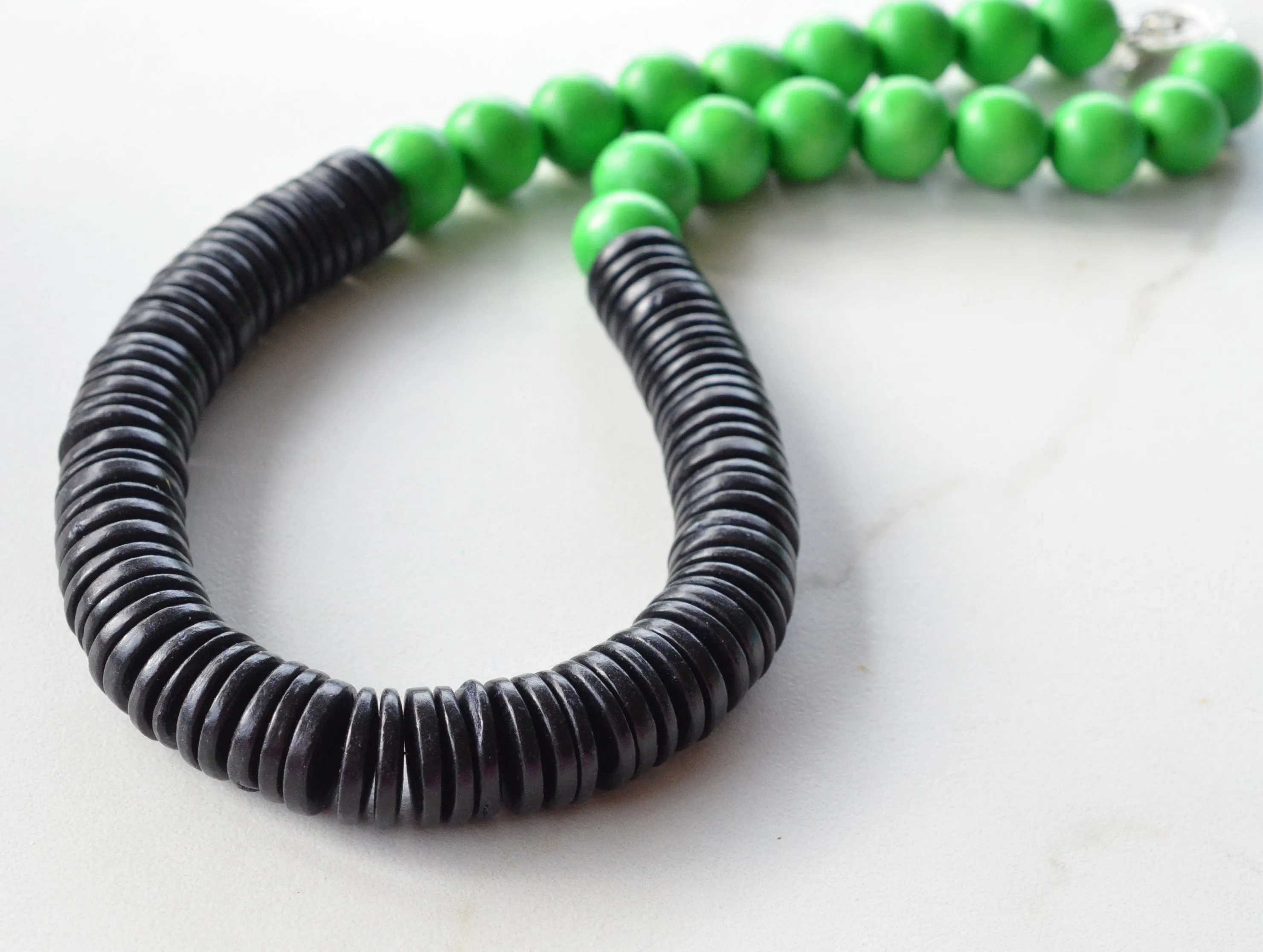 Lime Green Black Chunky Wood Long Boho Beaded Statement Necklace - Elena