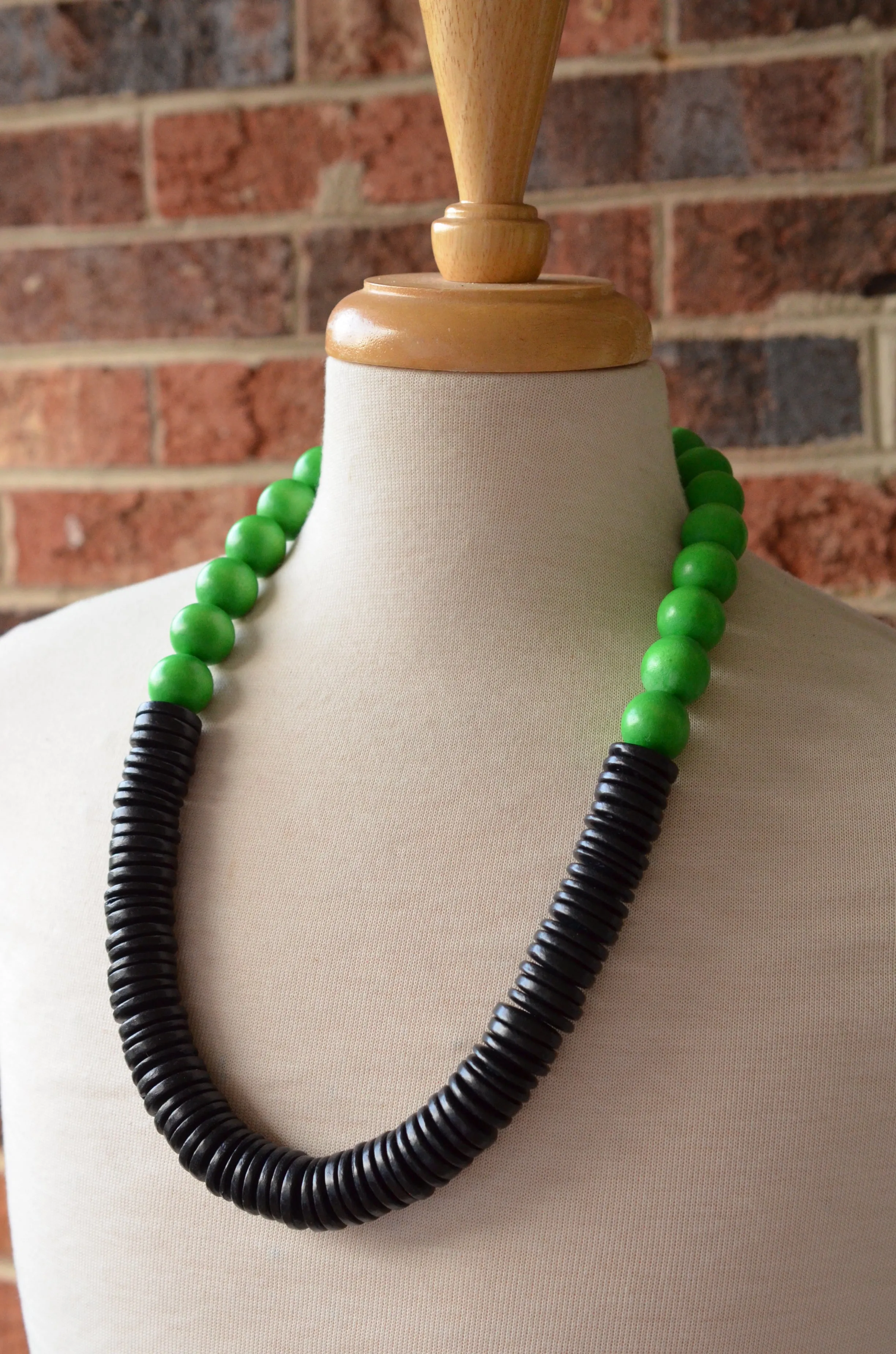 Lime Green Black Chunky Wood Long Boho Beaded Statement Necklace - Elena