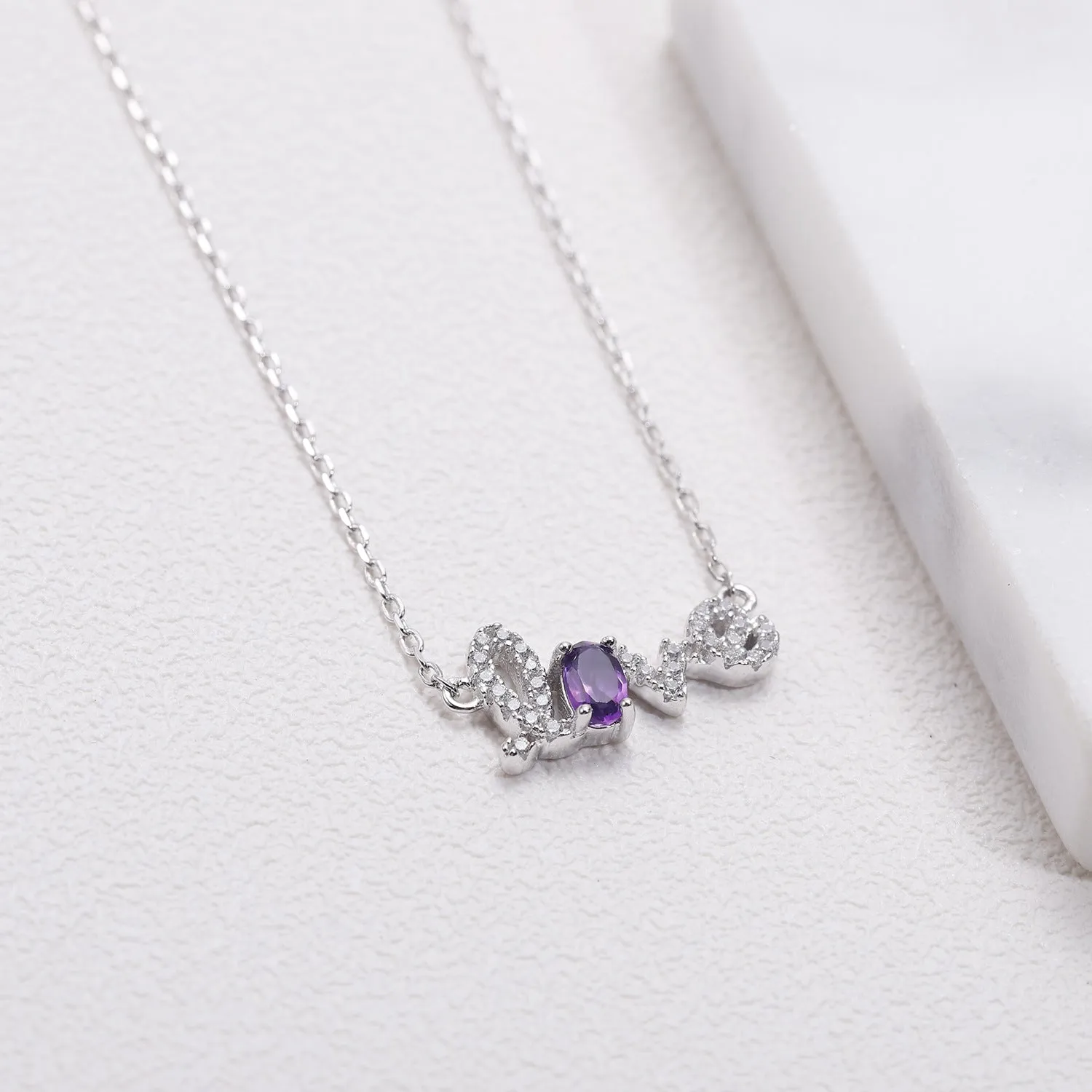 LOVE Letter Oval Natural Gemstone Silver Necklace