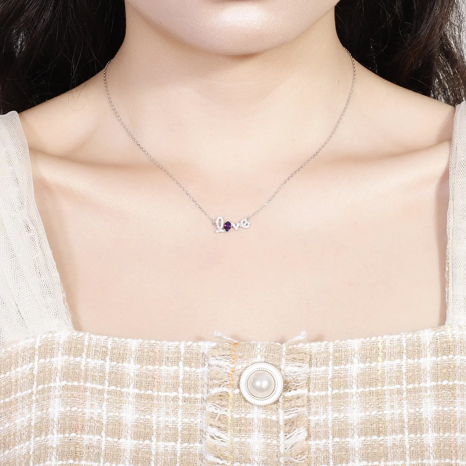 LOVE Letter Oval Natural Gemstone Silver Necklace