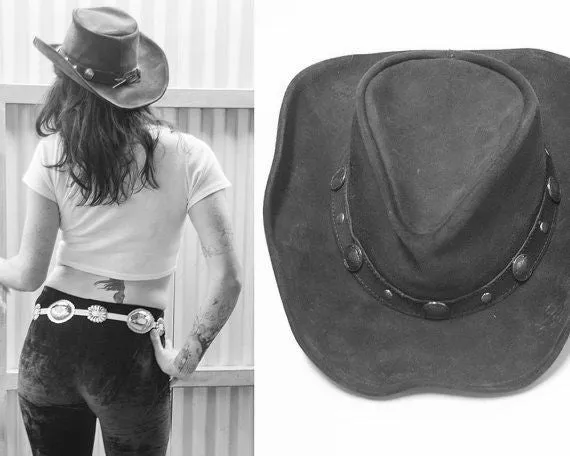 Minnetonka Buffalo Nickel Genuine Black Leather Boho Hat With Nickel Concho Hat Band Size Small Medium Or Large