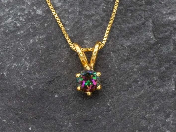 Mystic Topaz Pendant - Natural Mystic Topaz Necklace, Gold Purple Round Pendant