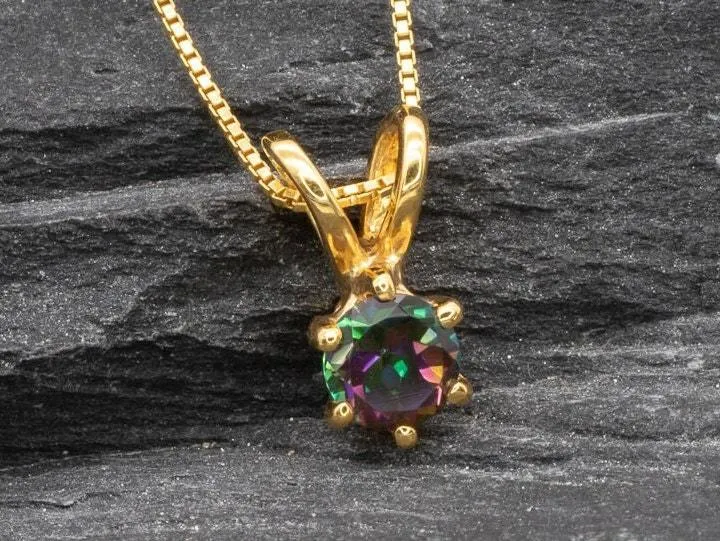 Mystic Topaz Pendant - Natural Mystic Topaz Necklace, Gold Purple Round Pendant