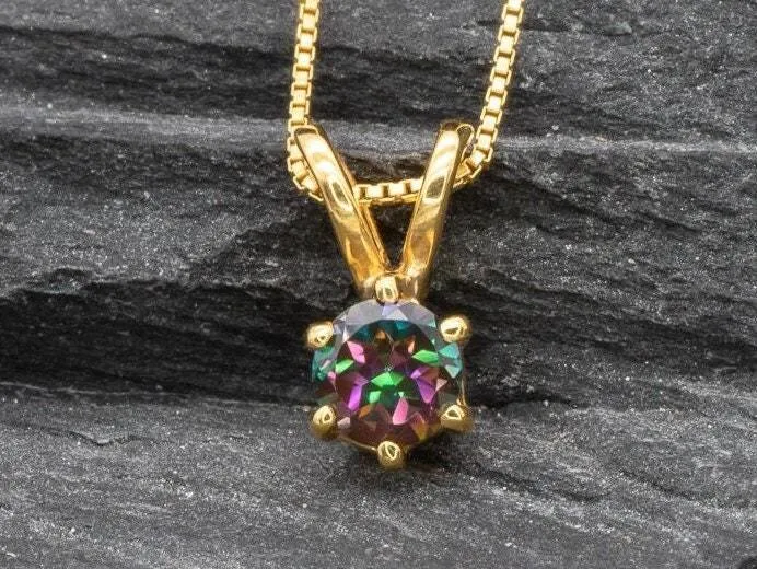 Mystic Topaz Pendant - Natural Mystic Topaz Necklace, Gold Purple Round Pendant