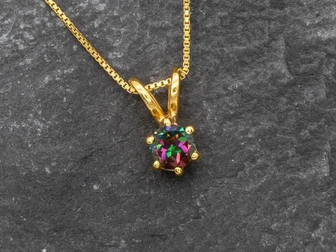 Mystic Topaz Pendant - Natural Mystic Topaz Necklace, Gold Purple Round Pendant