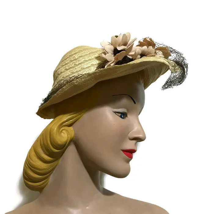 Natural Sisal Open Crown Hat with Flowers circa 1940s