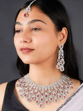 Pink Color Silver Plated Faux Diamond Bridal Necklace Set - CZSET322P