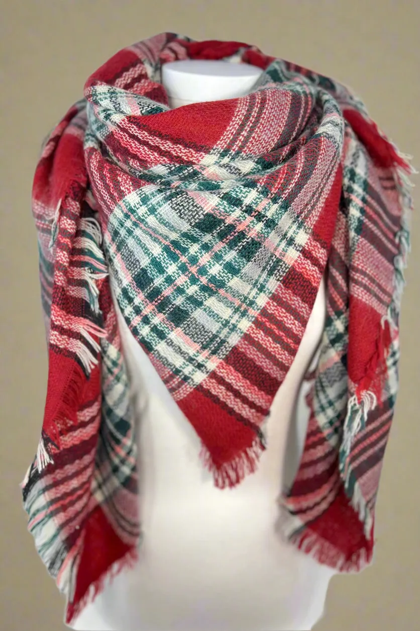 Plaid Blanket Scarf Green and Red