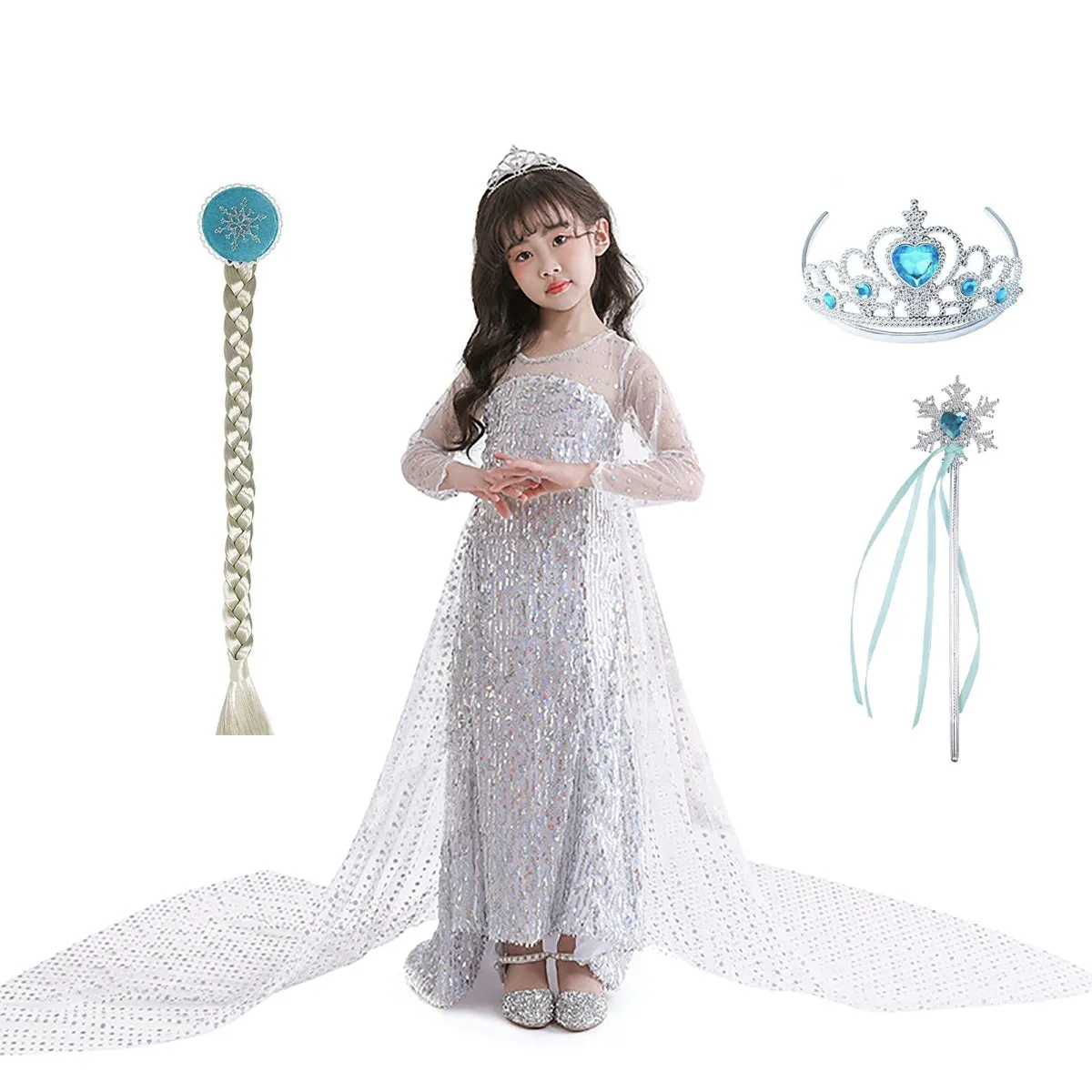 Princess Elsa Princess Birthday Party Dress for Little Girls with Crown,Wand,Gloves Accessories 3-12 Years,Silver