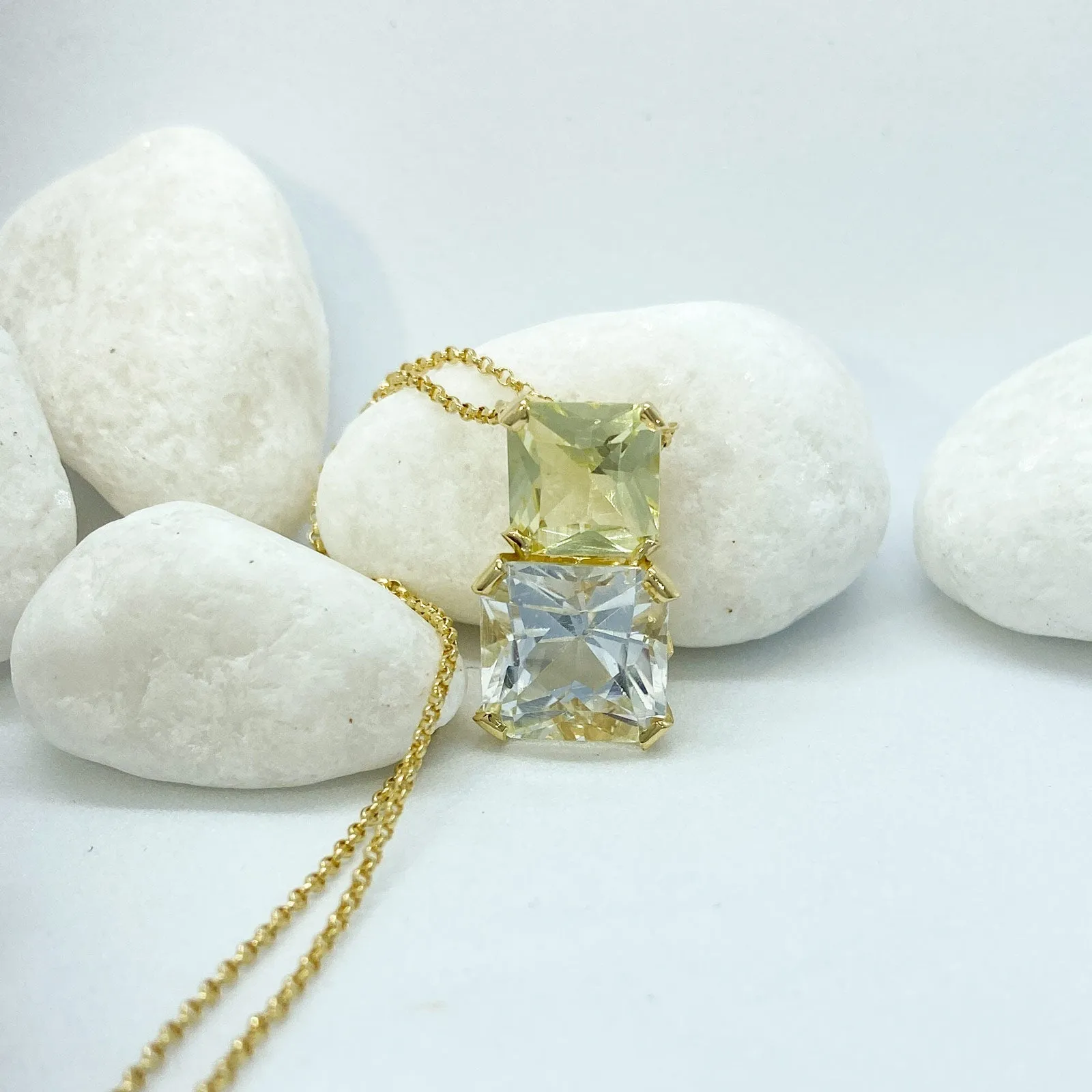 Rose Quartz, Lemon Quartz Plated Yellow Gold Silver Necklace | Sparkle Stargaze Asscher Necklace