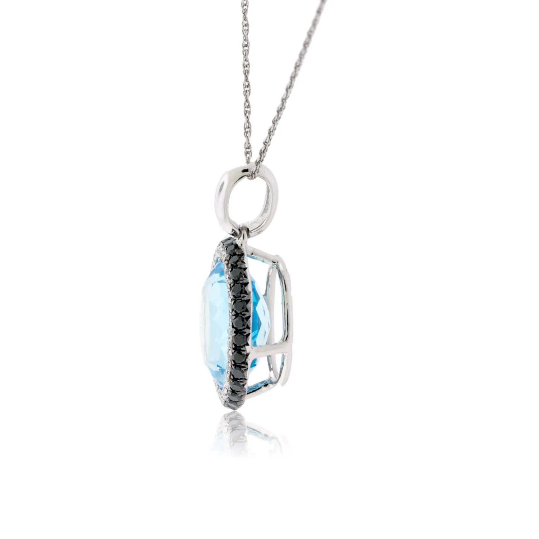 Round Blue Topaz & Diamond & Black Diamond Halo Pendant