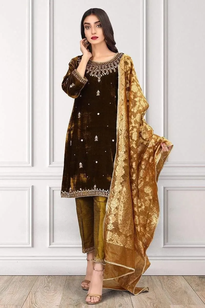 Sadia Aamir - Soft Golden Brown Diadem - SAL-07 - Hand Embroidery - 1 Piece