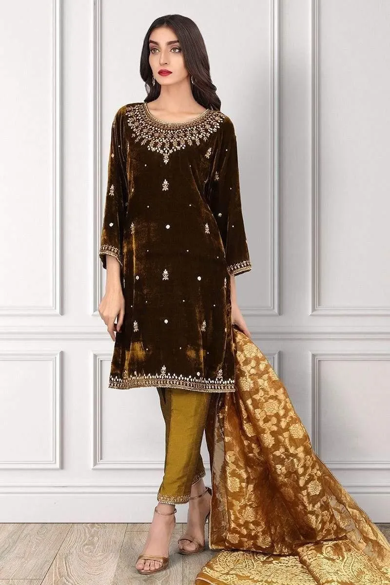 Sadia Aamir - Soft Golden Brown Diadem - SAL-07 - Hand Embroidery - 1 Piece