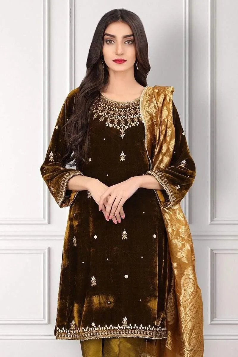Sadia Aamir - Soft Golden Brown Diadem - SAL-07 - Hand Embroidery - 1 Piece