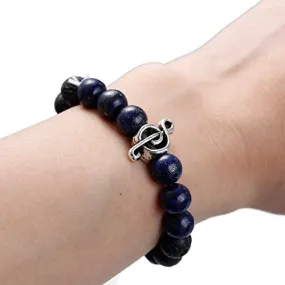 Sexy Sparkles Men, Womens Stone Lava Lapis Lazuli Beaded Healing Bracelet Black With Musical Note Elastic 22cm(8 5/8")
