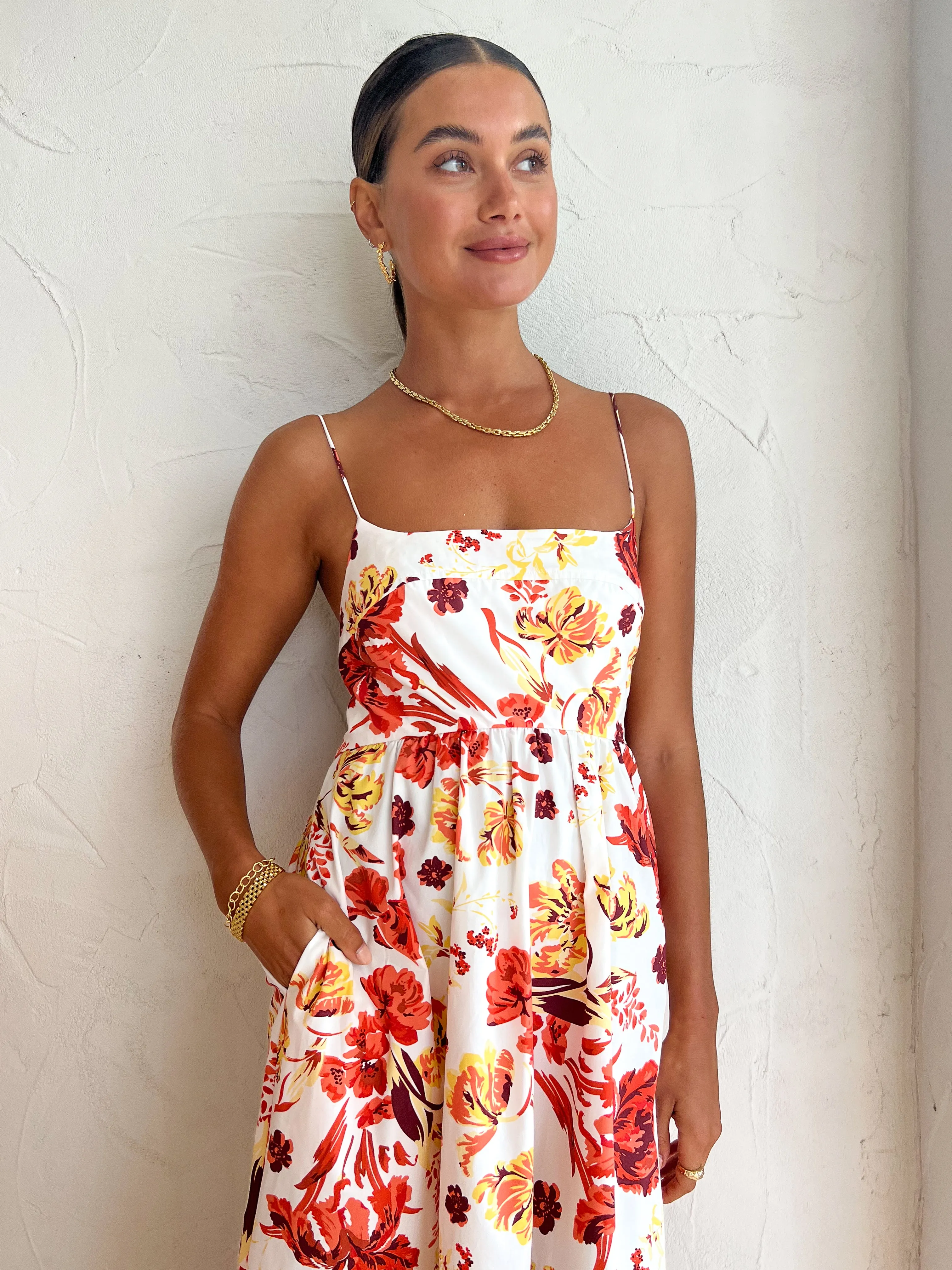 Shona Joy Kalani Low Open Back Midi Dress in Coconut/Multi