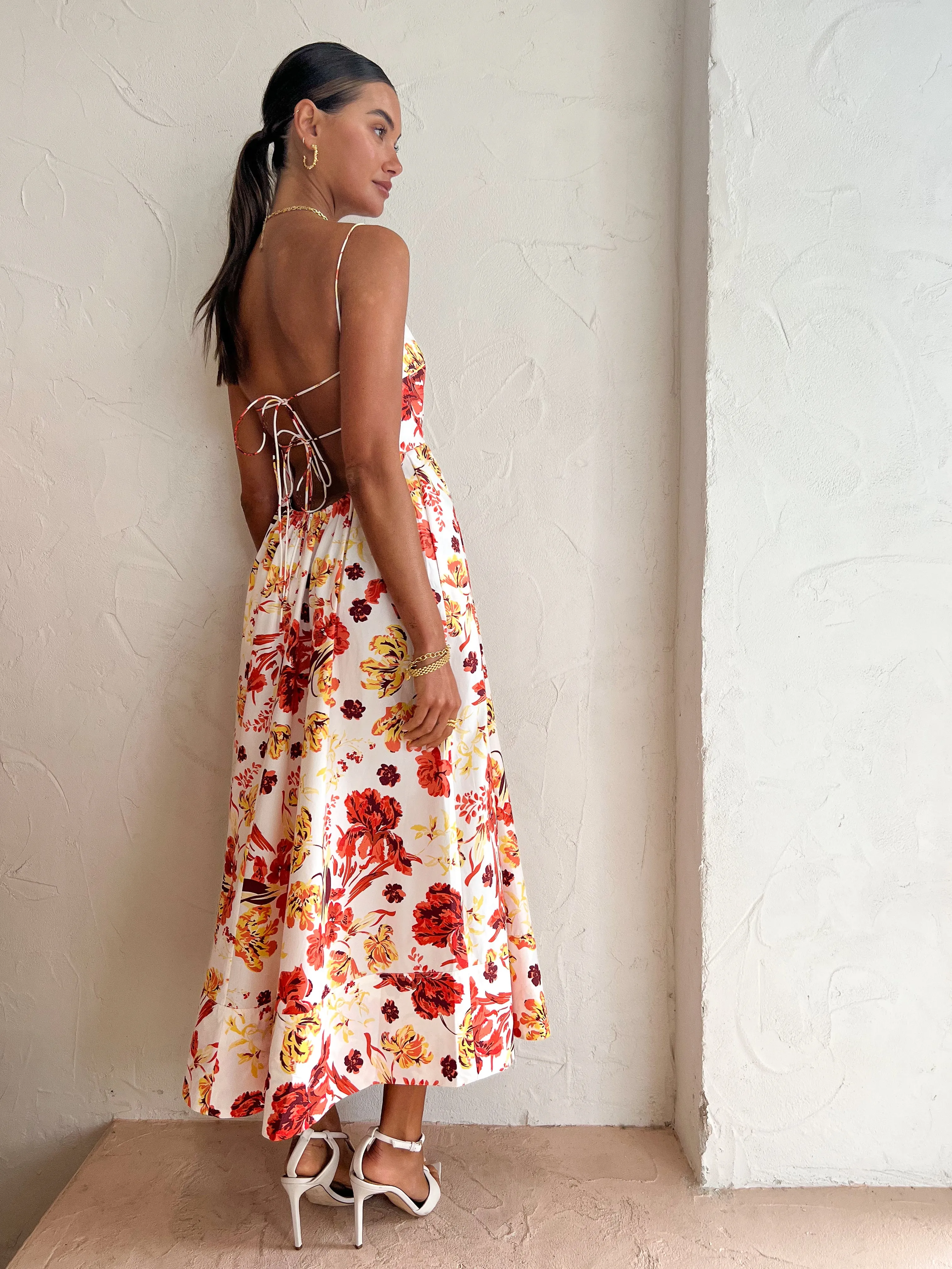Shona Joy Kalani Low Open Back Midi Dress in Coconut/Multi
