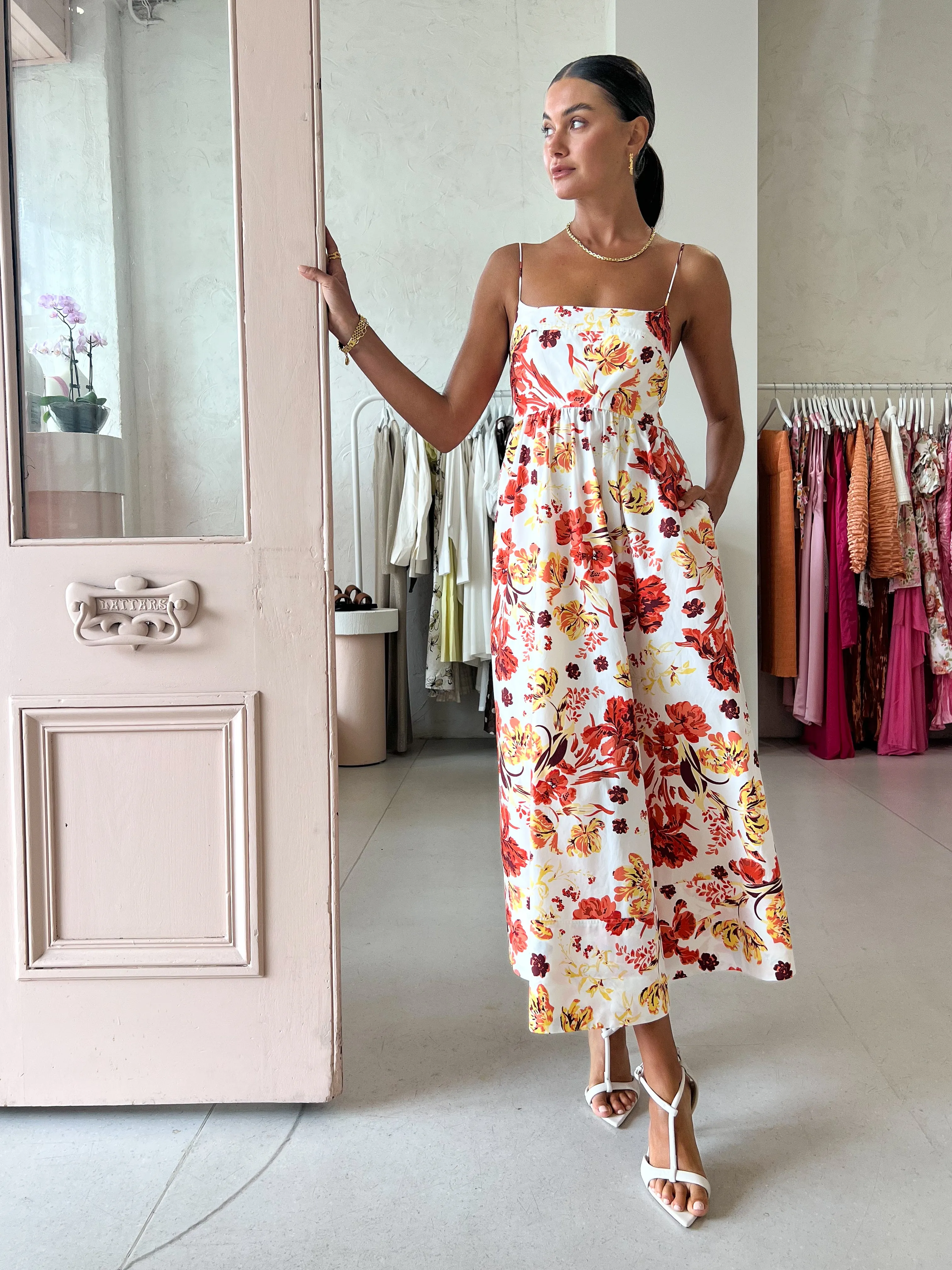 Shona Joy Kalani Low Open Back Midi Dress in Coconut/Multi