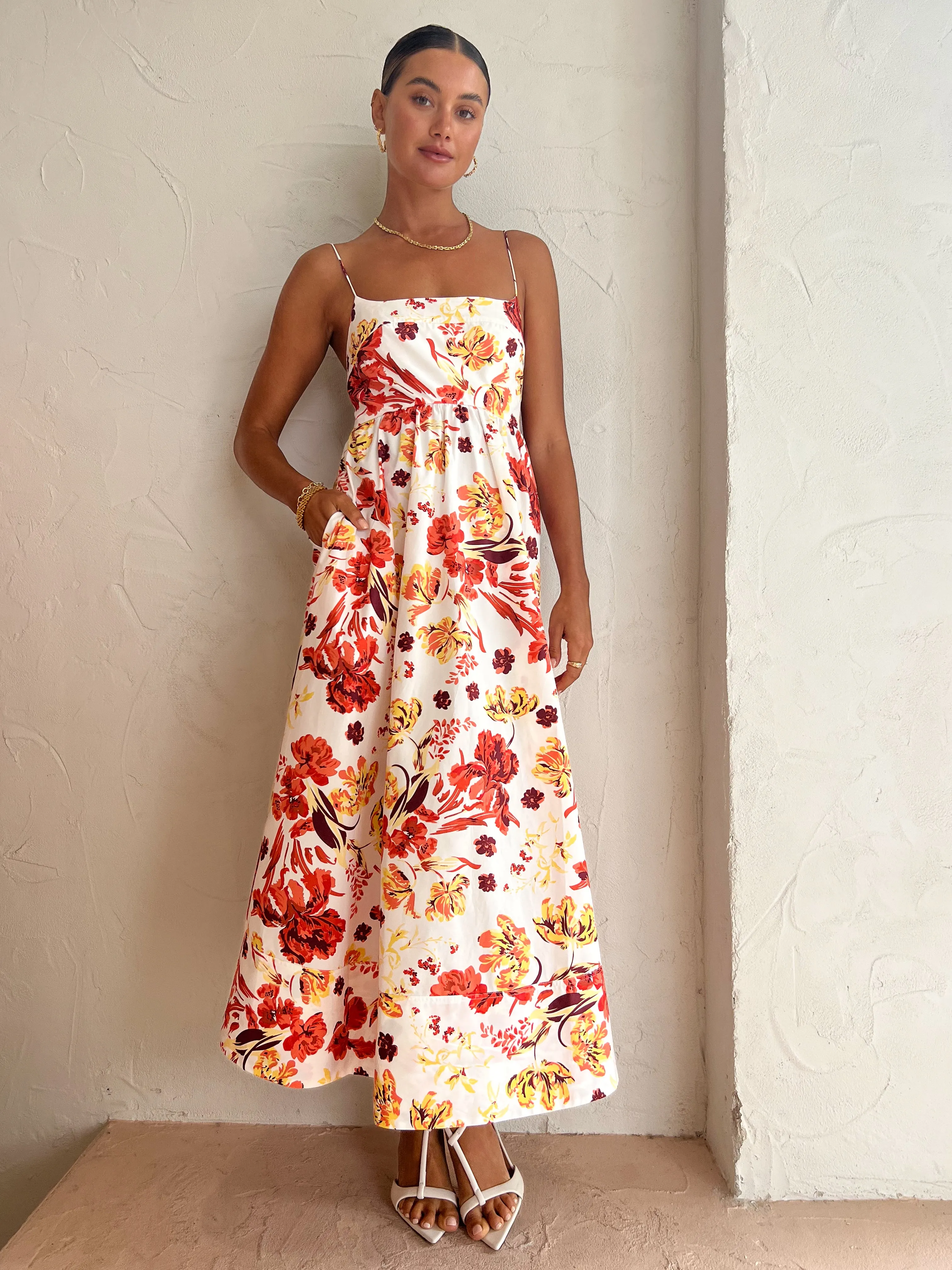 Shona Joy Kalani Low Open Back Midi Dress in Coconut/Multi