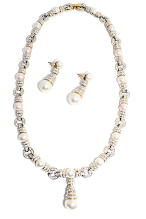 Signed Vintage Rhinestone and Pearl Link Necklace With Pierced Earrings
