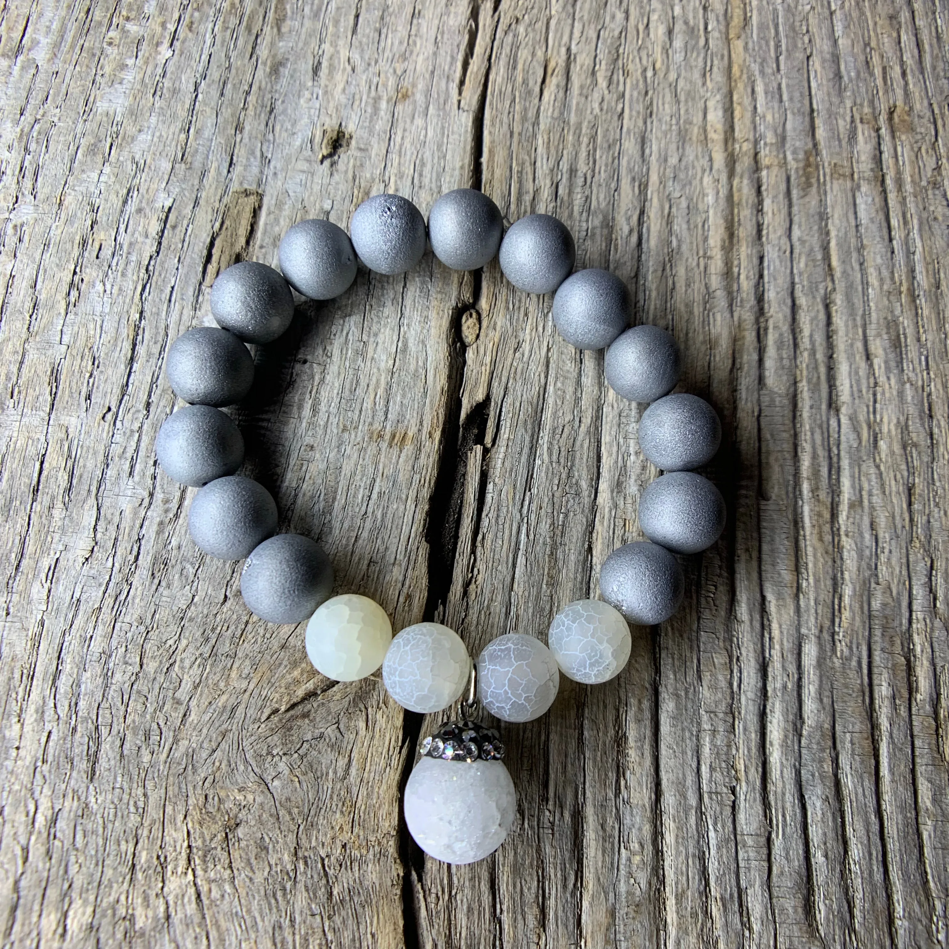 Silver Iris Agate Druzy & White Crackle Agate Beaded Bracelet with Large Agate Druzy Charm