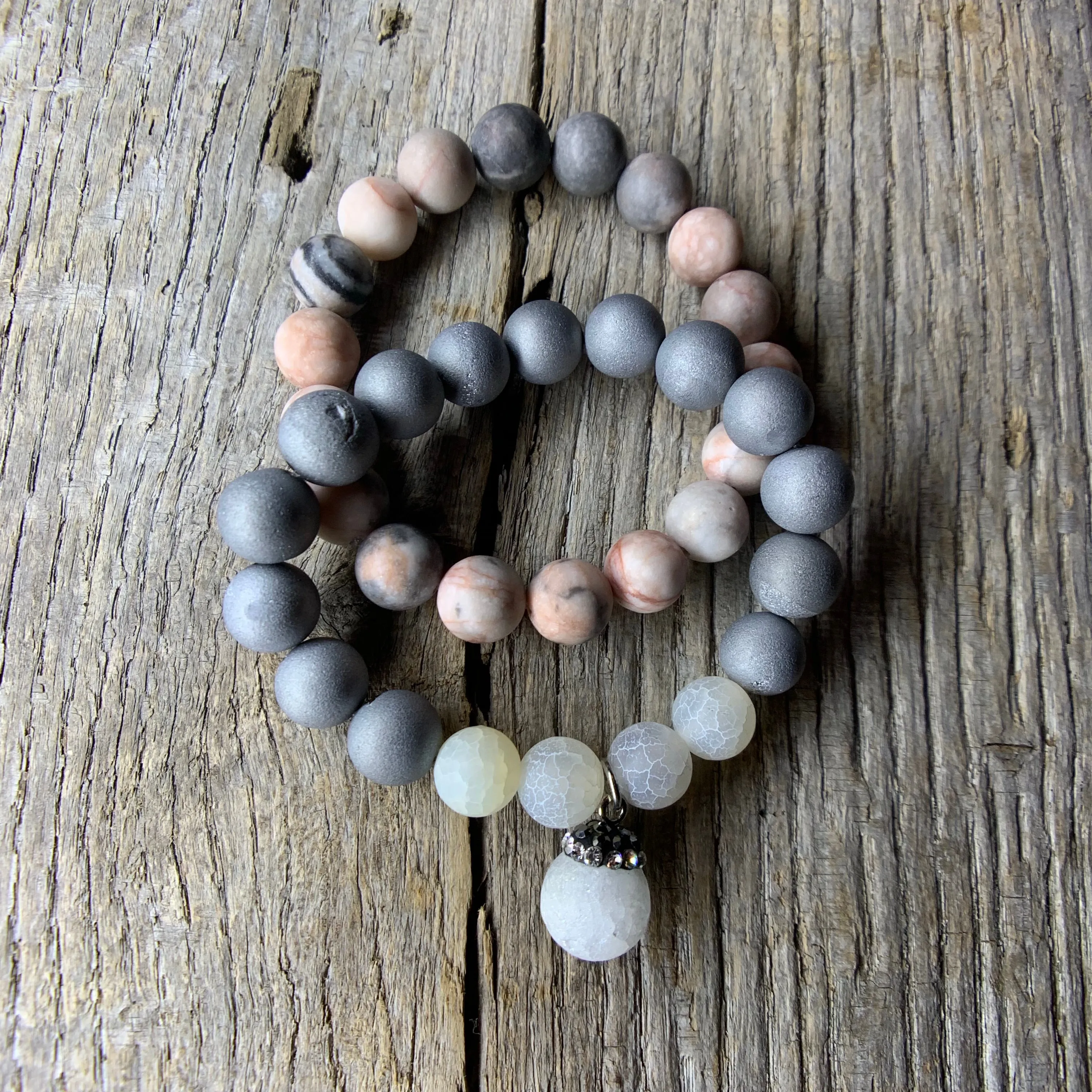 Silver Iris Agate Druzy & White Crackle Agate Beaded Bracelet with Large Agate Druzy Charm