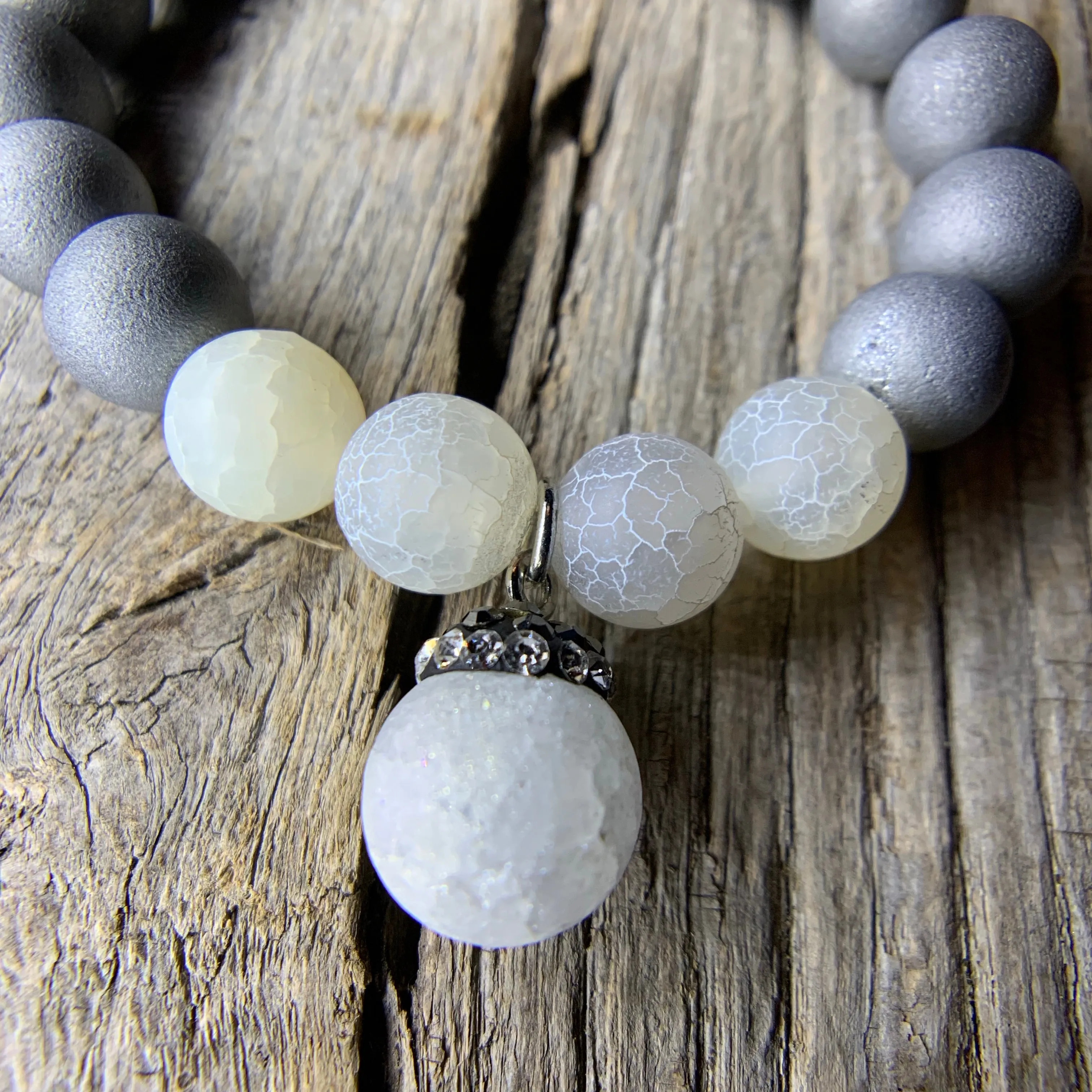 Silver Iris Agate Druzy & White Crackle Agate Beaded Bracelet with Large Agate Druzy Charm
