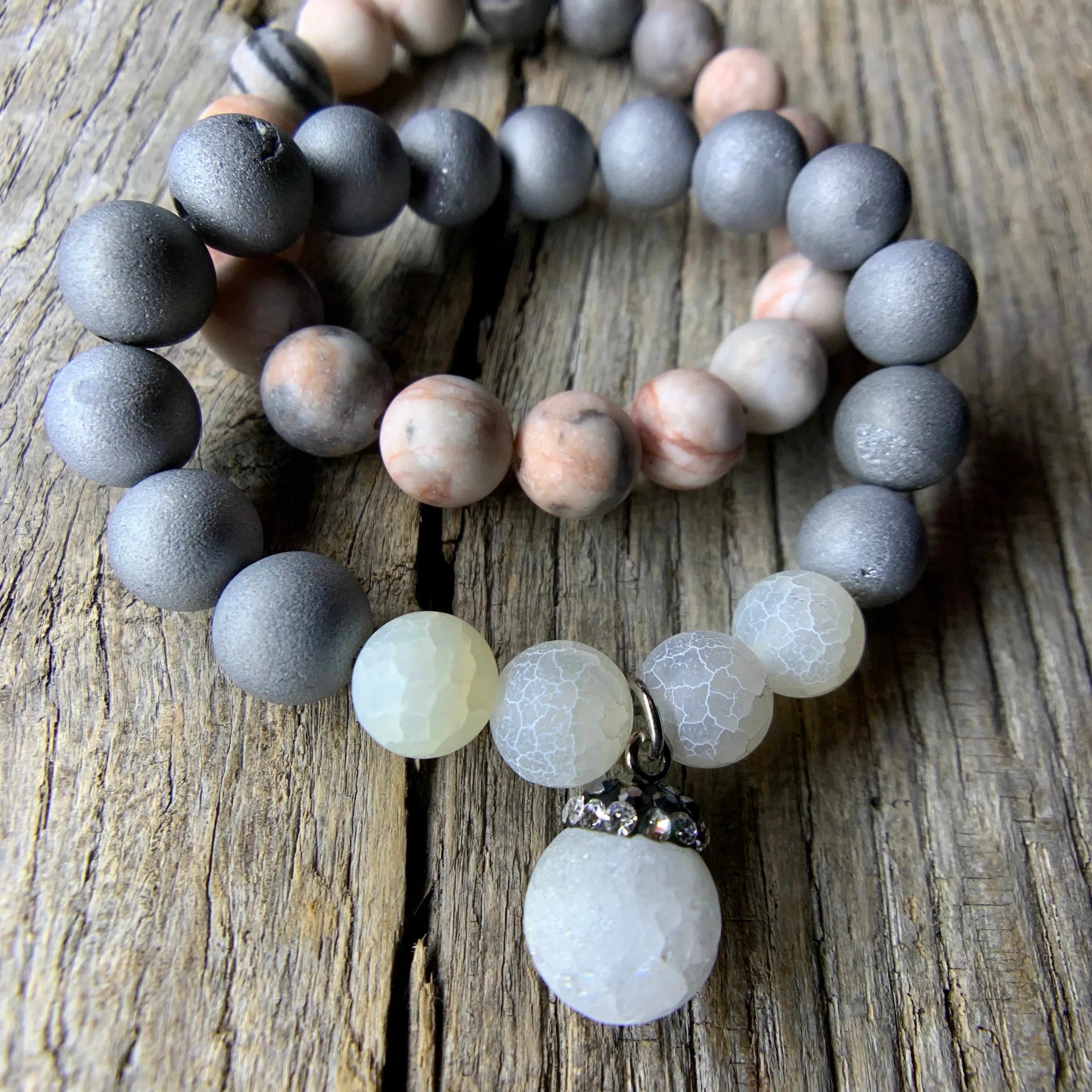 Silver Iris Agate Druzy & White Crackle Agate Beaded Bracelet with Large Agate Druzy Charm