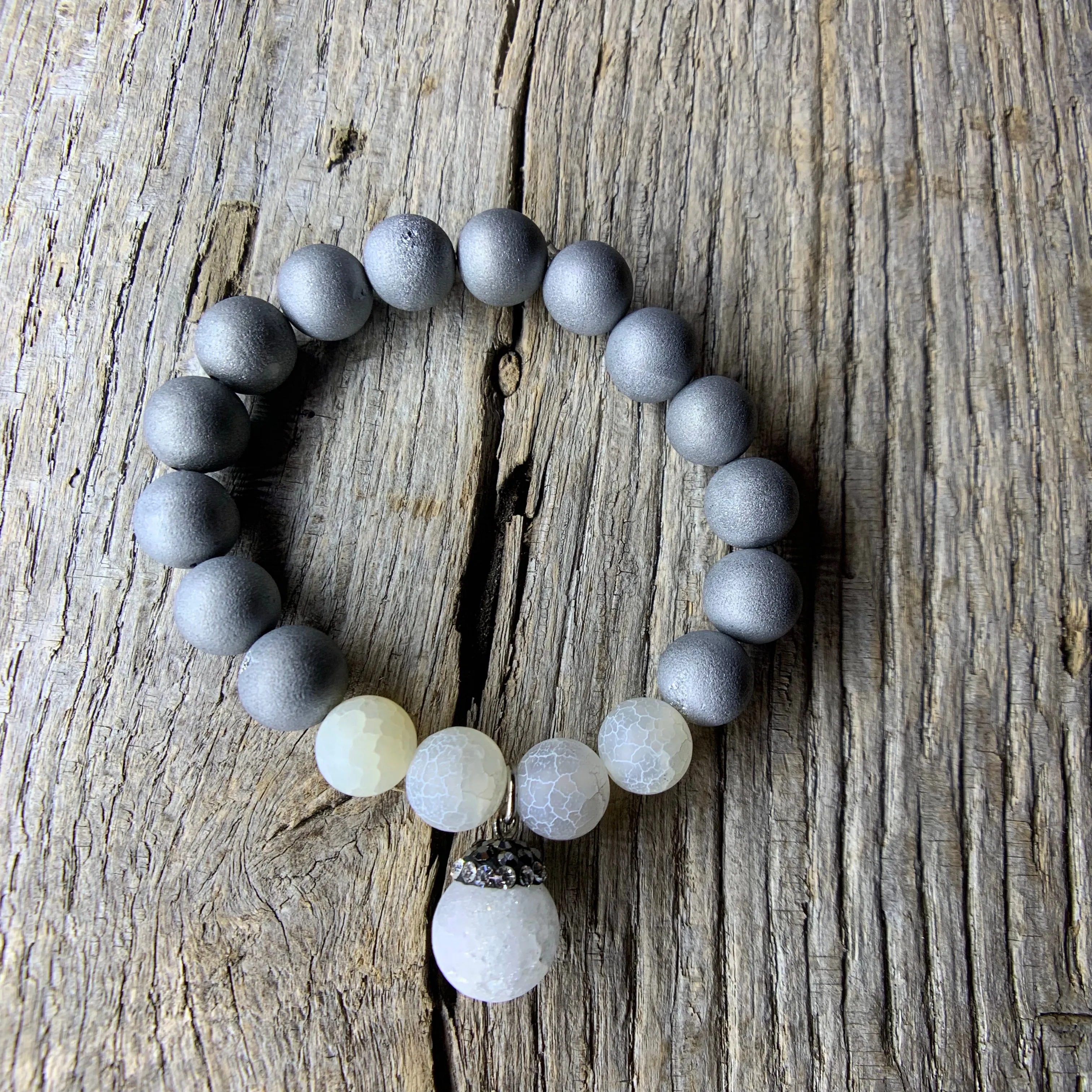 Silver Iris Agate Druzy & White Crackle Agate Beaded Bracelet with Large Agate Druzy Charm