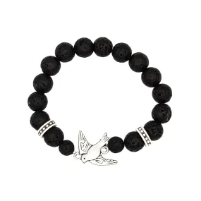 Silver Swallow Bird Charm and Lava bead Stretch Infusion Bracelet