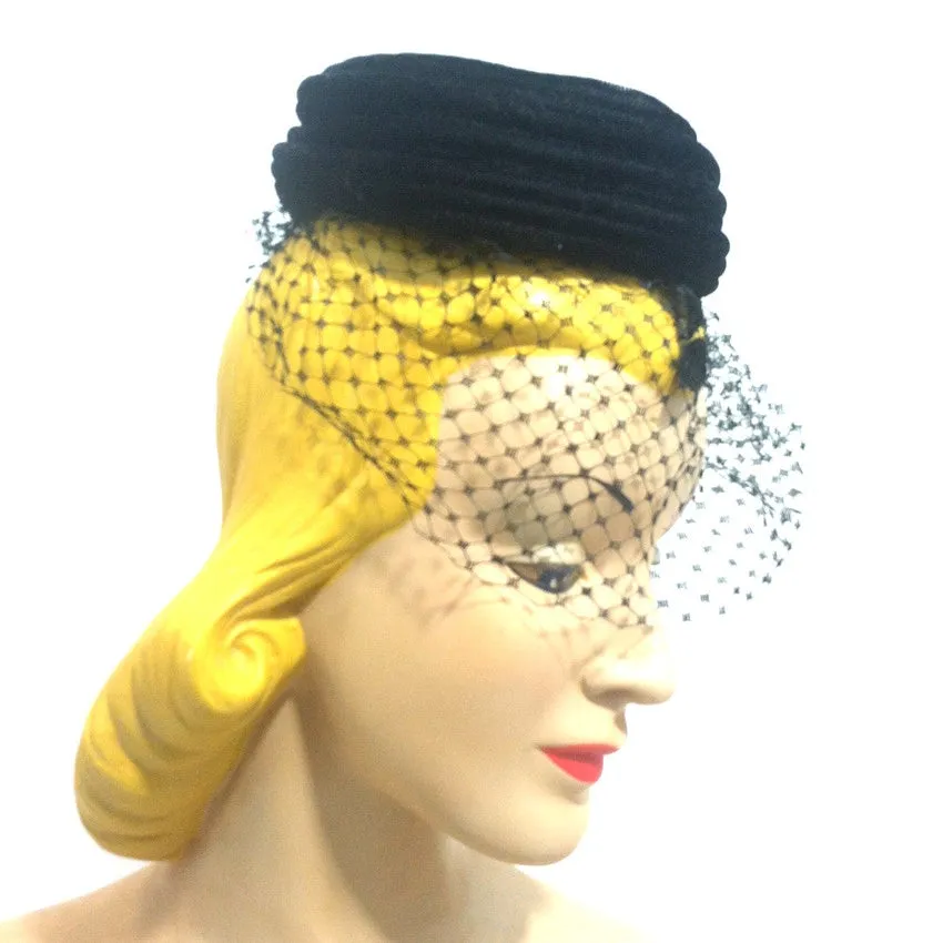 Spiral Swirl Black Velvet Cocktail Hat w/ Veil and Appliques circa 1960s