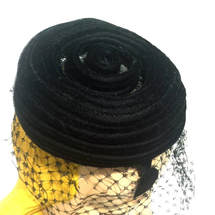 Spiral Swirl Black Velvet Cocktail Hat w/ Veil and Appliques circa 1960s