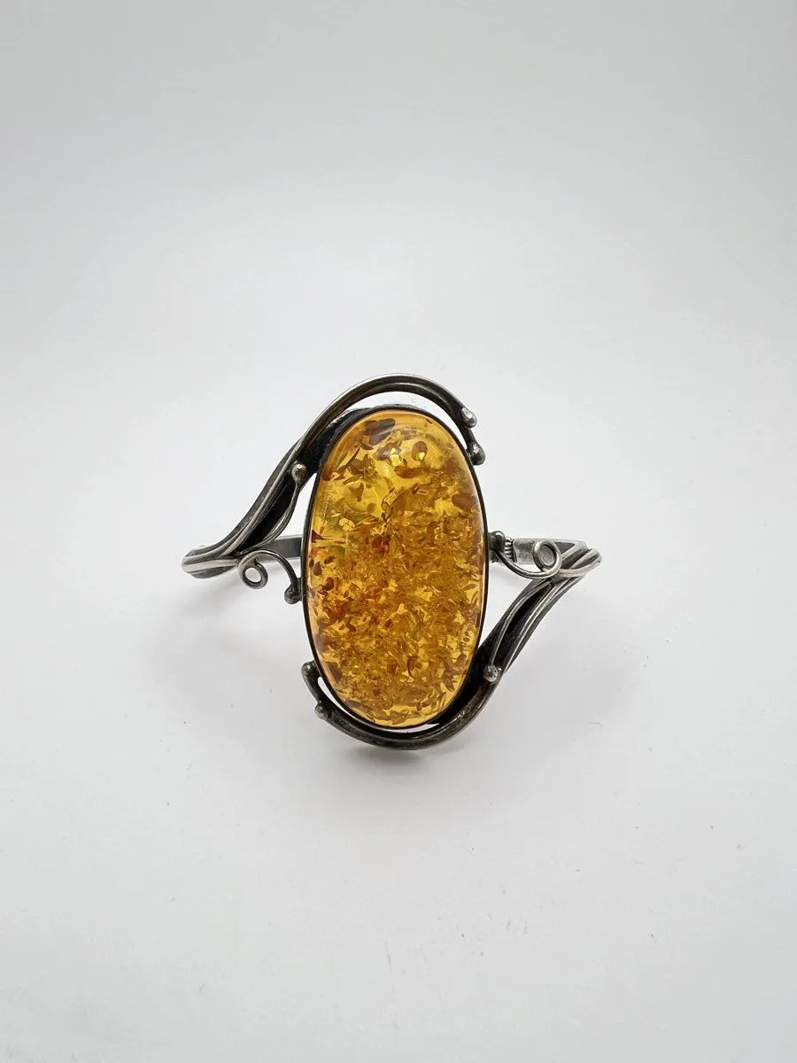 Sterling Silver Vintage Baltic Amber Bracelet 32.1g 925 Hinged Bangle