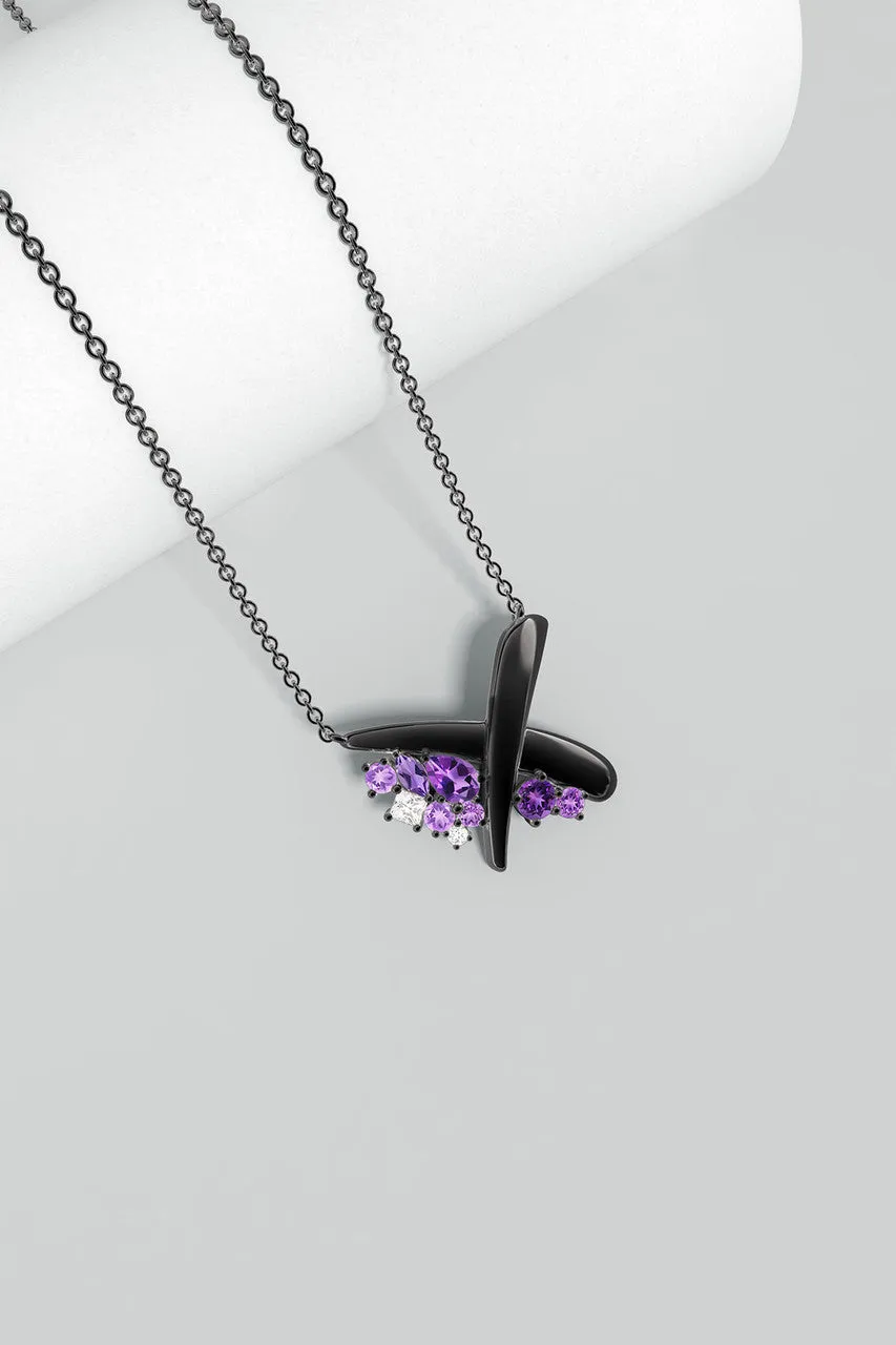 Sumi Stroke Midnight Silver Waterfall Amethyst Ombre Pendant Necklace
