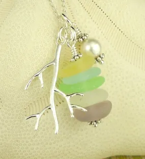 Swarovski Crystal Pearl Necklace GENUINE Sea Glass Necklace  In Pastels Very RARE Colors Sterling Coral